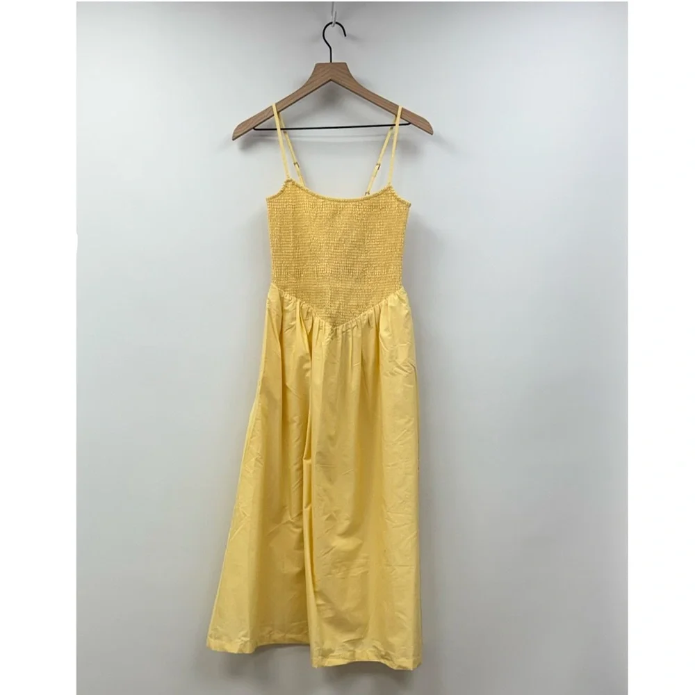 NWT Abercrombie & Fitch Sydney Smocked Drop Waist A-Line Midi Dress Yellow Small - Picture 3 of 10